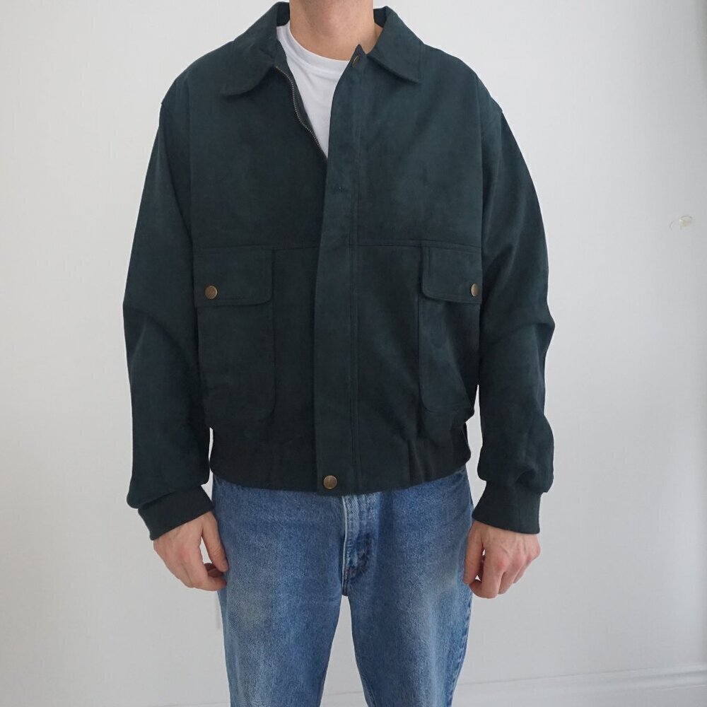 C.E. Collezione Hunter Green Faux Suede Leather Zip Up Bomber Jacket Size XL